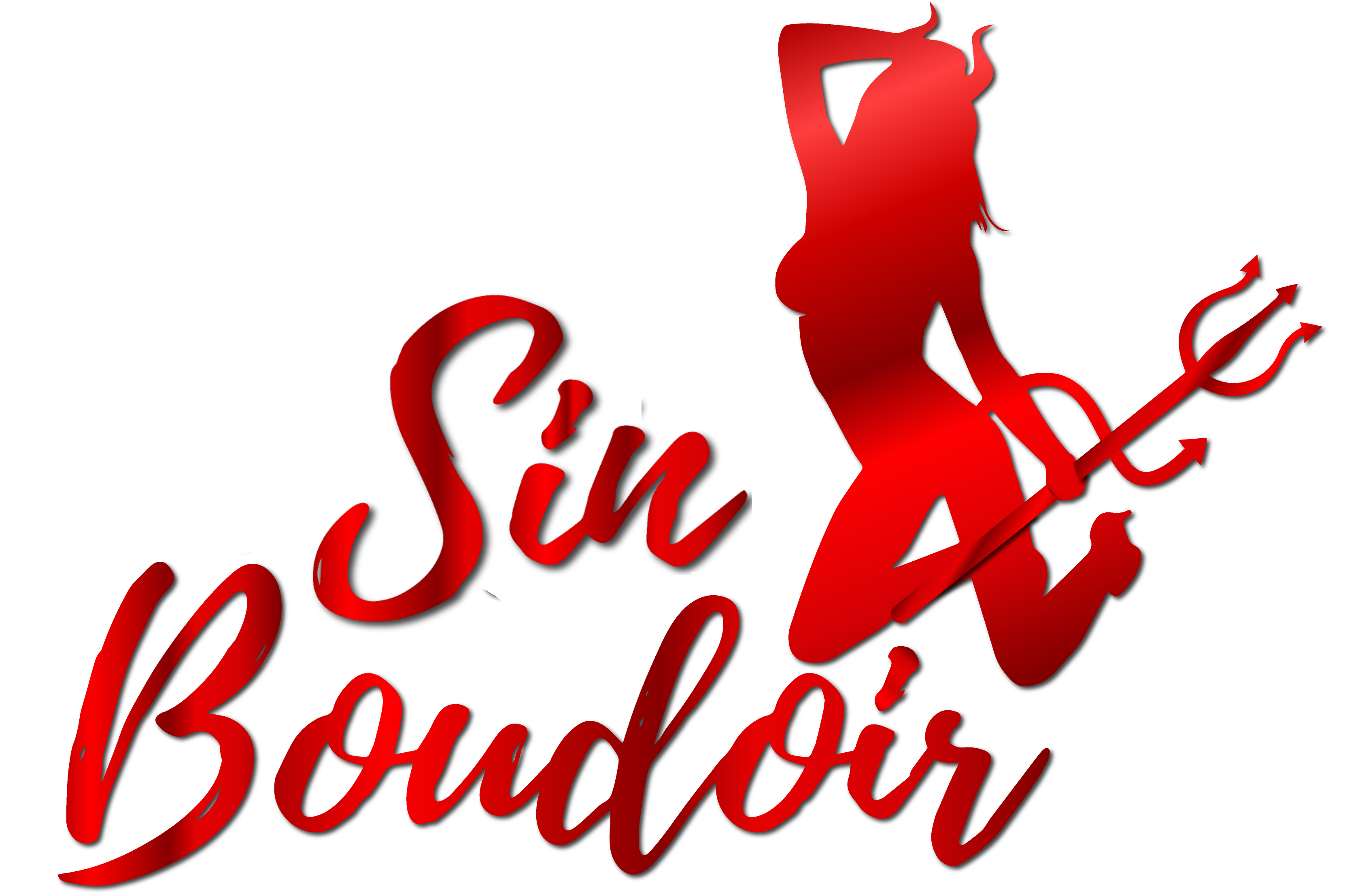 Red silhouette of a woman with horns and a trident next to stylized text "Sin Boudoir" on a black background.